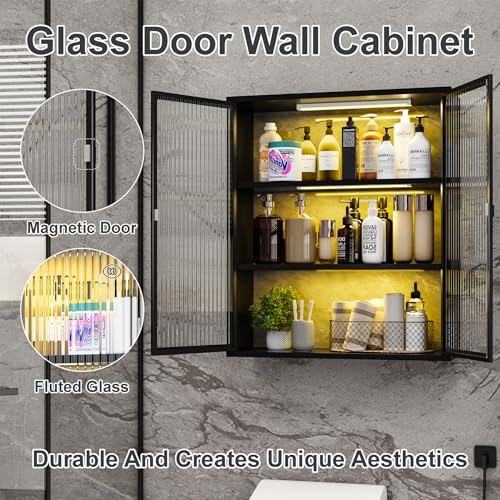 Bathroom Wall Cabinet,Metal Medicine Cabinet with Fluted Glass Doors,Wall Mounted Cabinet Over The Toilet,Black Small Cupboard with Light (Black)