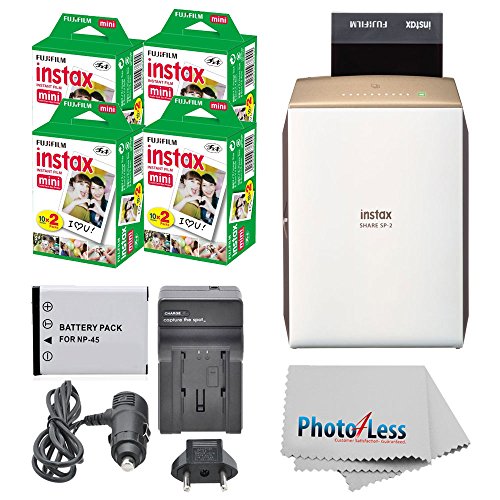 Fujifilm instax Share Smartphone Printer SP-2 (Gold) + Fujifilm Mini Twin Pack (80 Shots) + Travel Charger & Extra Battery + Cleaning Cloth + Filming Bundle - International Version (No Warranty)