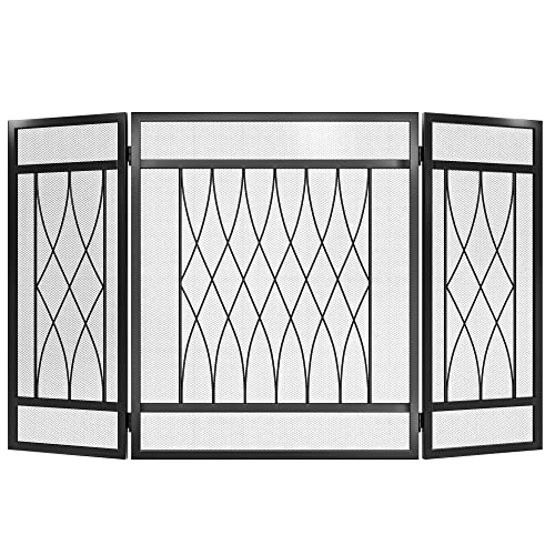 Yitahome 3 Panel Foldable Fireplace Screen For Wood Burning Fireplace Wrought Iron Cover With Protective Mesh Fire Spark Guard For Indoor Outdoor Flat Guard Screens(Black) #TOP14