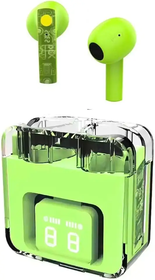 Fone de Ouvido Sem Fio G60 Bluetooth 5.3, Estéreo Hi-Fi com Display LED Digital de Bateria, Estojo de Carregamento Transparente, Redução de Ruído, Verde