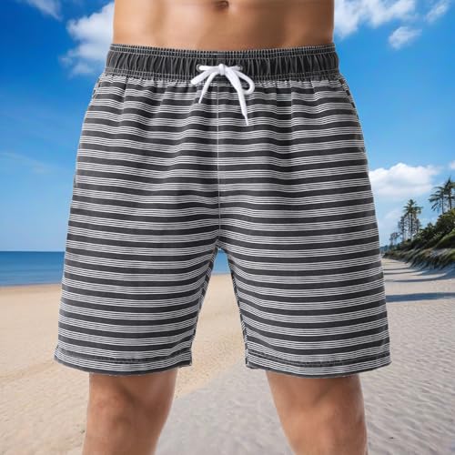 Men's Swim Trunk Striped Relaxed Fit Soft Washed Drawstring Board Shorts