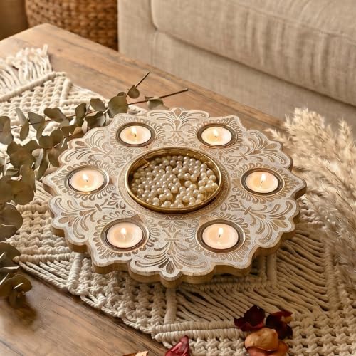 Image of BEHOMA Wooden Urli Bowl with 6 Tea Lights, Rustic White, 12 inch | Rustic white wooden mandala urli with 6 tea lights; perfect Diwali, rangoli & festive centerpiece.