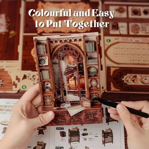 Image of Bookshop Memories Book Nook Kit with LED Light, DIY Miniature Vintage Bookshop Dollhouse, 127PCS 3D Wooden Puzzle Bookshelf Decor, Creative Gift for Adults, Teens & Beginners