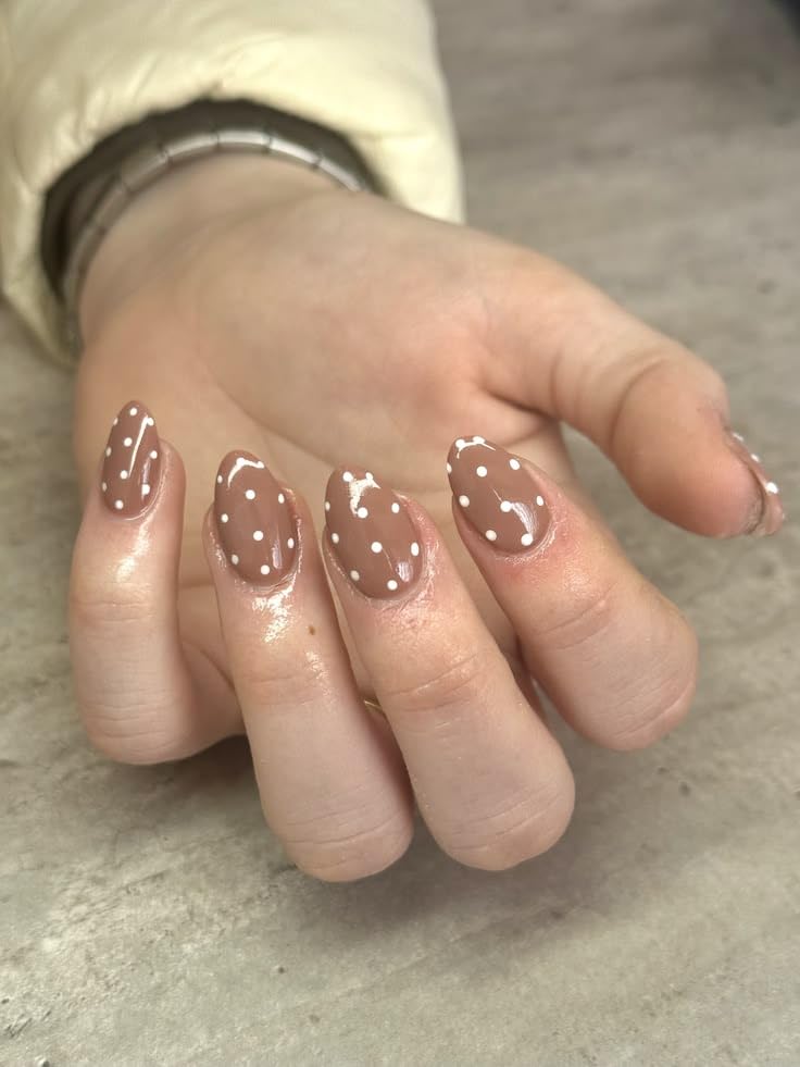 Press-On Nails, Almond Shape, Brown with White Polka Dots | Almond Shape, Polka Dot Design, Glossy Finish, Reusable, Nail Art-image-44
