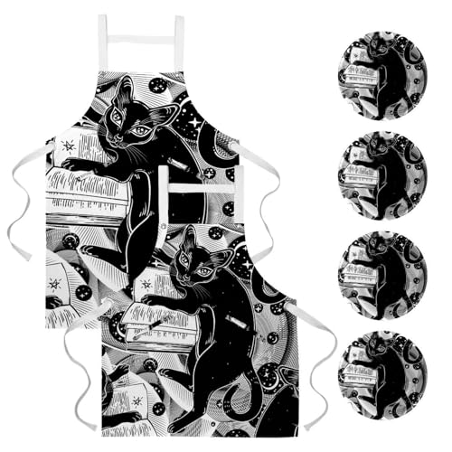 Tablier de cuisine chat noir lettré avec poches de rangement