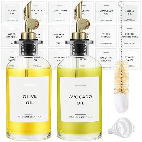 Spaceneat Olive Oil Dispenser Bottle for Kitchen, Coffee Syrup Dispenser - Elegant & Classy Olive Oil Bottles for Kitchen - Glass Cooking Oil Dispenser, Container, Cruet with Pourer Spout - 2pcs, Gold Cover