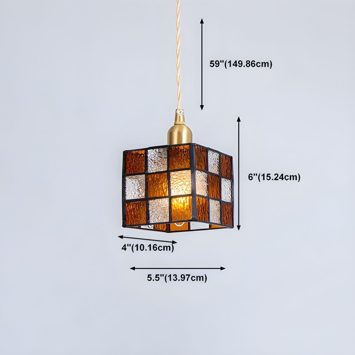 RUNNUP Tiffany Glass Square Pendant Light Fixture Vintage 1 Light Ceiling Hanging Light in Brass for Kitchen Island Foyer Hallway Bar Dining Room Restaurant, Square Amber