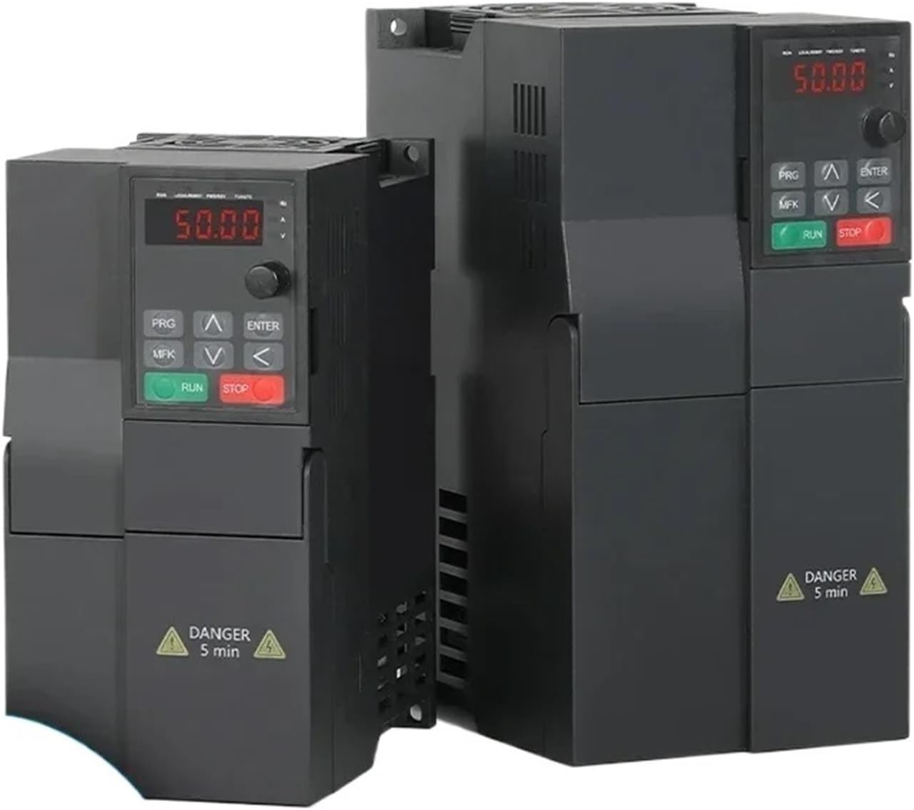 Two GHHSBO SU700 frequency converters of different sizes, side-by-side, showing their relative dimensions and design consistency.