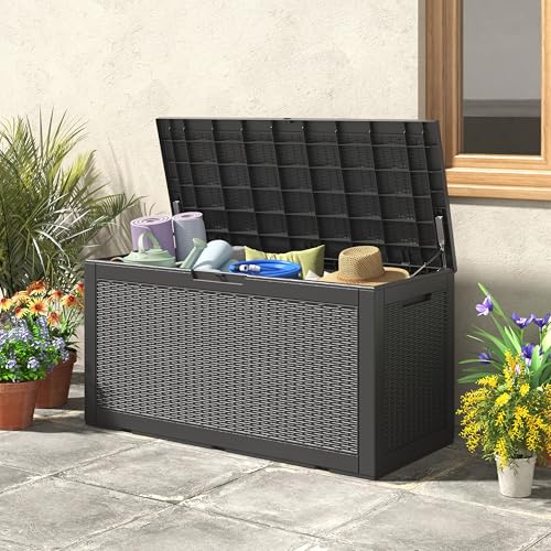 WTFGO 100 Gallon Outdoor Storage Box, Waterproof Resin Deck Box with Lockable Lid – Storage Cabinet for Patio Furniture, Pool Supplies, Garden Tools – Indoor & Outdoor Use