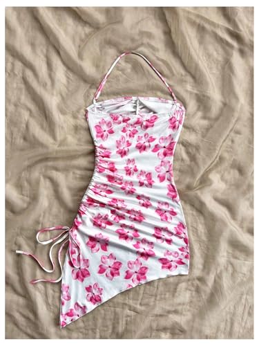 Girl's Floral Halter Dress Side Drawstring Sleeveless Asymmetrical Fitted Short Dresses2