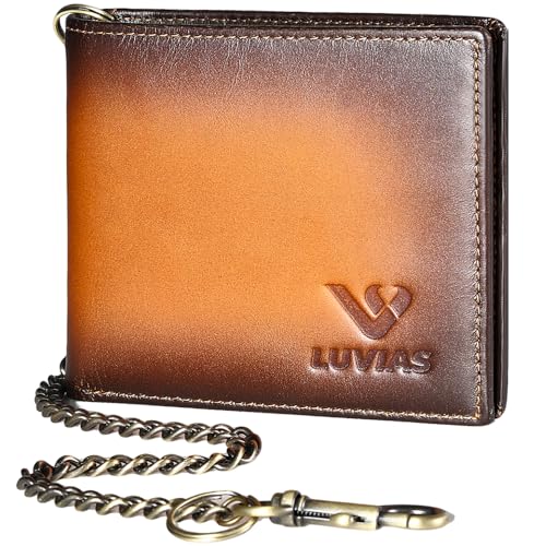 Mens Wallet with Chain RFID Blocking Genuine Leather Bifold Purse for Men with ID Window and Zip Coin Pocket.(Brown)