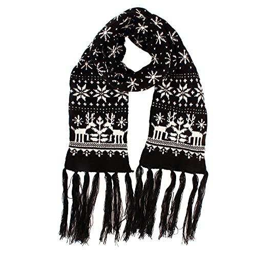Men Women Reindeer Snowflake Dotted Knit Scarf with Tassels Winter Warm Long Scarf Wrap Black2