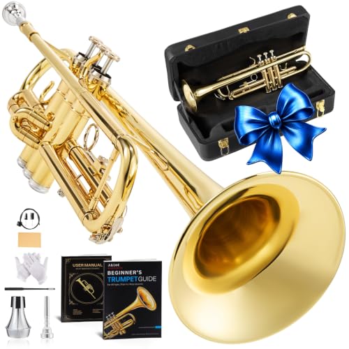 AKLOT Hand-Hammered Bell Bb Trumpet: Smooth Valve Action, Clear-Lacquered Brass Body, Standard...
