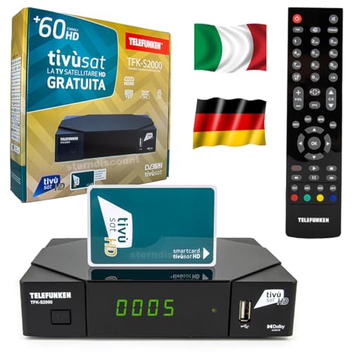 Telefunken TFKS2000 Original Tivusat HD Satelliten-Receiver inkl. aktivierter Tivùsat HD-Karte Full HD 1080p Vorinstalliert für deutsche & italienische TV SAT Sender 13°E & 19.2°E Sterndiscount