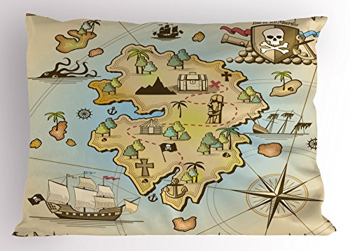 Lunarable Island Map Pillow Sham, Cartoon Treasure Island Pirate Ship Chest Kraken Octopus Nautical Kids Design, Decorative Standard King Size Printed Pillowcase, 36