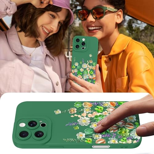 Image of Designed for iPhone 16 Pro Max Case Floral for Women Girls, Green | Cute Oil Painting Flower Pattern Liquid Silicone Phone Case [Full Camera Protection] Slim Soft TPU Protective Cover