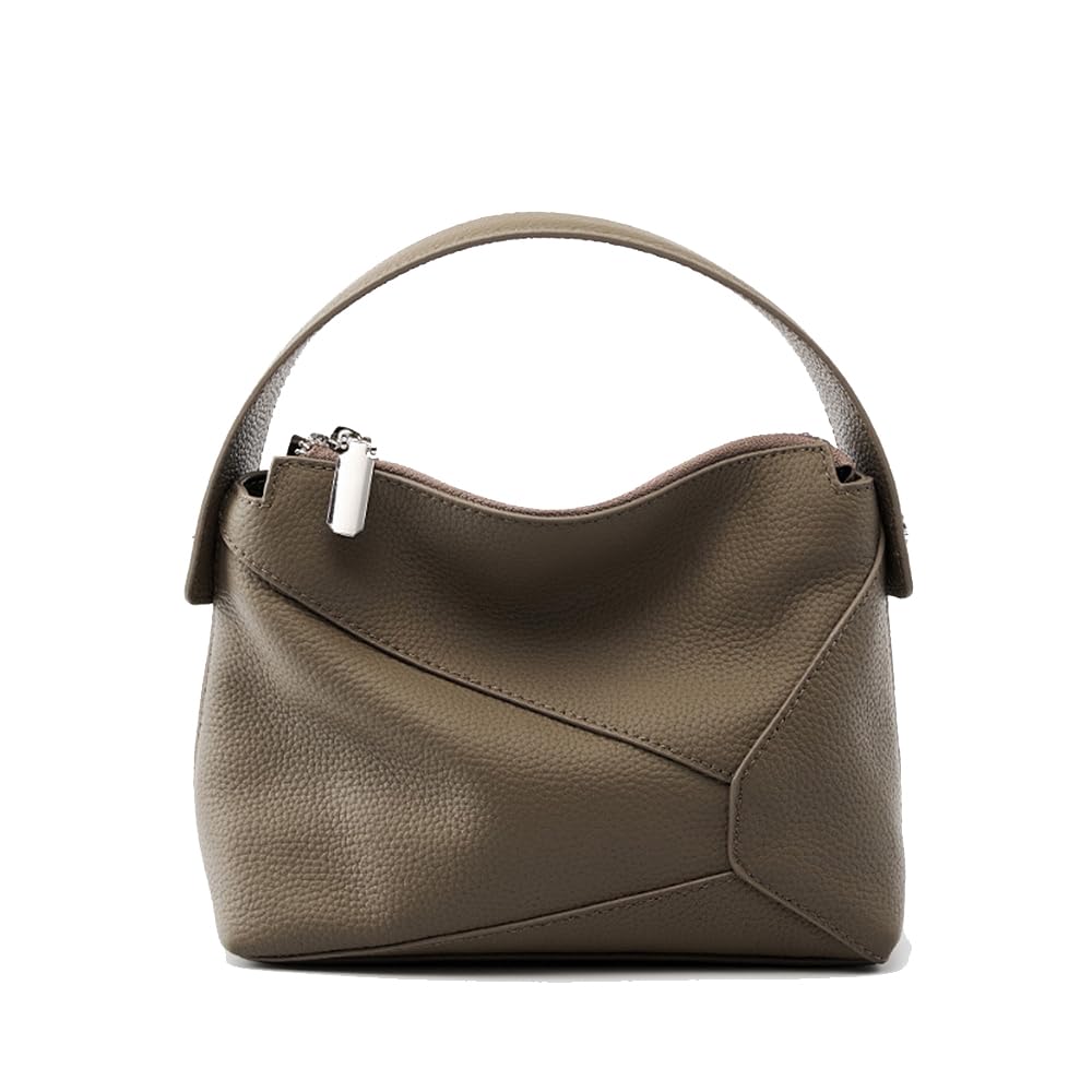 Bolso Boston Mini Mujer de Cuero Flor Genuino, Bolso de Mano Geométrico Diseño Nicho, Elegante Bolso Bandolera y de Hombro Minimalista Caquí