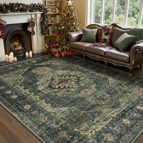 Olive Green 8x10 Area Rugs for Living Room Bedroom Rug Washable Vintage Neutral Farmhouse Rug Carpet Dining Room Rugs Office Retro Oriental Easy Clean Non Slip Large Dark Green/Olive 8' x 10