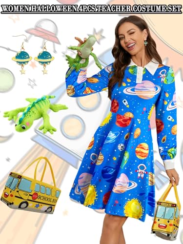 Image of Womens long Sleeve Peter Pan Collar Aline Dress for Halloween Role Play Party Teacher Costume with Bus Bag