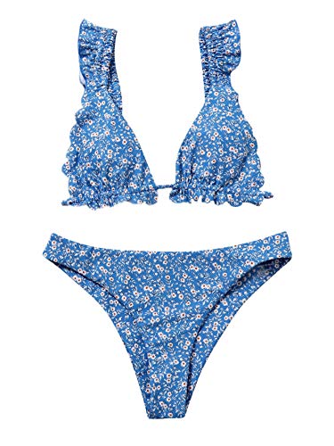 SOLY HUX Women s Ruffle Trim Triangle Bikini Bathing Suits Two Piece Swimsuits Blue M
