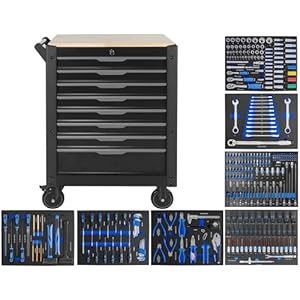 JOMAFA Carro de Taller 8 cajones con Herramienta y Bandeja de Madera, 7 MODULOS EVA Azul