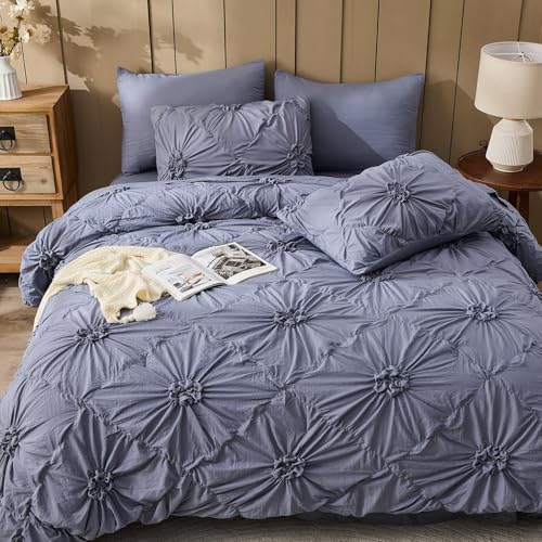 Image of Grey Comforter Set King Size Bed in A Bag 7 Piece Pinch Pleat Bedding Set,Pintuck Ruched Flowers Bed Set with Comforter, Sheets, Pillowcases & Shams