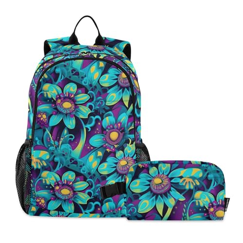 Backpack Lunch Bag Set for Travel Hiking Picnic, Blue Flowers Print Backpacks with Insulated Lunch Box