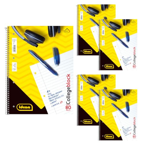 Idena 90366-5 Stück Collegeblock A4 mit 80 Blatt liniert und Doppelrand Block mit Spiralbindung 70g/m Papier 4-fach gelocht und perforiert