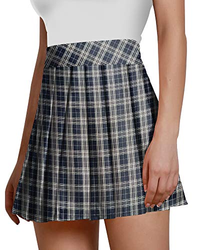 Image of MANGOPOP Women Girls High Waist Pleated Skater Tennis School Uniform A-line Skirts (Navy Blue(Plaid), Small)