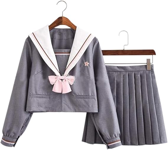 Amazon Co Jp Ubaywey Jk セーラー服 女子高校生 制服 半袖 可愛い グレー 女子制服 前開き コスプレ衣装 スクール制服 大サイズ 3点セット 本格制服 女子 可愛い ピンクリボン セーラー服 ハロウィン コスプレ コスチューム ホビー