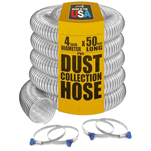 PVC Dust Collection Hose w/4 Thumbscrew Clamps, Puncture Resistant, Carbon Steel Wire, Clear Flexible PVC Dust Collector Hose, Proudly Made in USA (4" x 50')