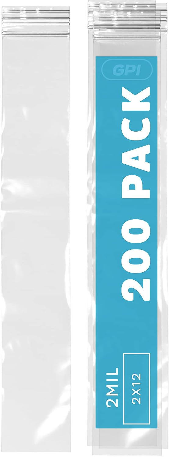 GPI 200 CASE, 2" x 12" Extra Long, CLEAR PLASTIC RECLOSABLE ZIP BAGS - Bulk, 2 Mil Thick, Durable, Resealable Poly Baggies With Zip Top Lock For Packaging & Shipping Incense, Necklaces & Jewelry.