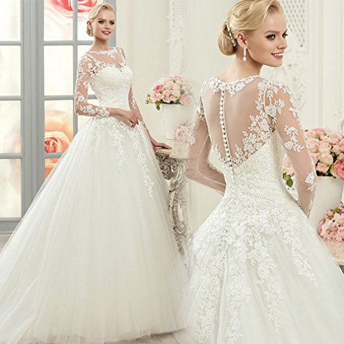 ANG Hombro Mangas Largas Vestido de Encaje Largo Vestido Peque?o Remolque de Gama Alta Novia de la Boda de Gasa Blanca,UN,S