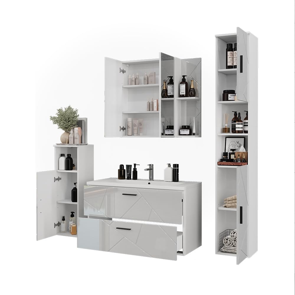 Vicco Set di mobili da bagno Irma, Bianco/bianco lucido, 100 cm, composto da mobile sottolavabo, lavabo, pensile, colonna e mobile medio