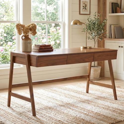 Image of HNY 59 Inches Walnut Wooden Writing Desk with 3 Drawers, Computer Study Table with MDF Top, Solid Rubberwood Legs and Hidden Cable Management Holes, Corner Makeup Vanity Desk for Home Office, Bedroom