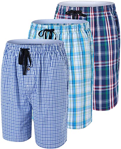 Image of MoFiz Men's Plaid Pajama Shorts 3-Pack Woven Cotton Sleep & Lounge Shorts, Lightweight PJ Bottoms with Pockets & Button Fly