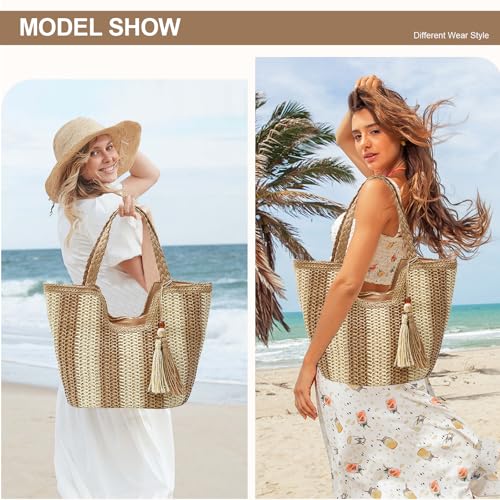 Image of Long Keeper Women Straw Beach Bag Large Weave Tote Bags Summer Boho Shoulder Bag Woven Handbag for Travel Vacation Shopping