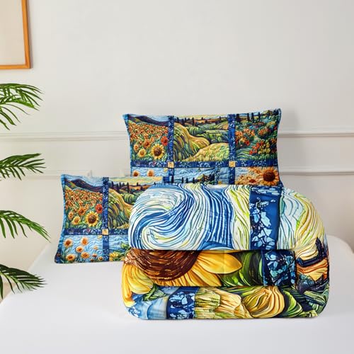 Image of Yellow Sunflower Queen Size Comforter Set,Bedding Queen Size Quilts Sunflower,Rustic Farmhouse Bedroom Set Bedding Set,with 1 Comforter with 2 Pillow Case