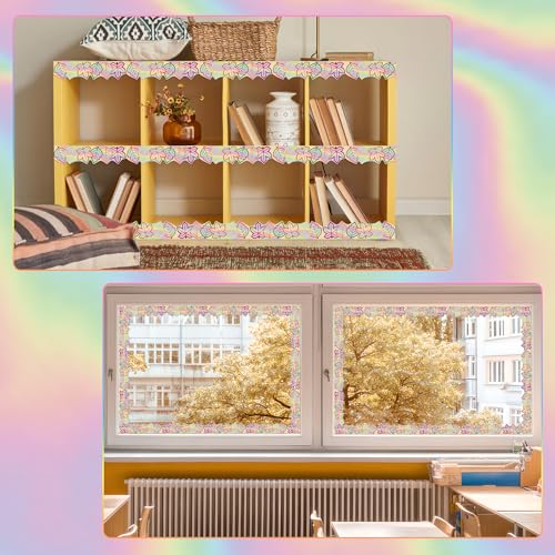 Image of BeYumi Fall Leaves Border Trim - 65ft Fall Maple Leaves Holographic Straight Rolled Border Trim Iridescent Autumn Thanksgiving Harvest Themed Bulletin Board Classroom Office Chalkboard Party Decor