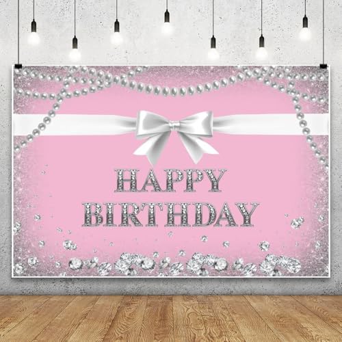 Leowefowa Pink Happy Birthday Backdrop for Photography Vinyl 7x5ft Silver Bowknot Pearl Necklace Diamonds Photo Background Birthday Party Girls Princess Banner Photo Studio Video Props