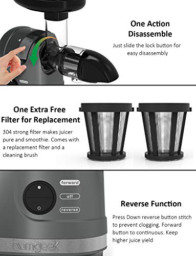Masticating Juicer, Homgeek Cold Press Juicer with Quiet Motor, Slow Juicer for Vegetables, Wheatgrass and Fruits
