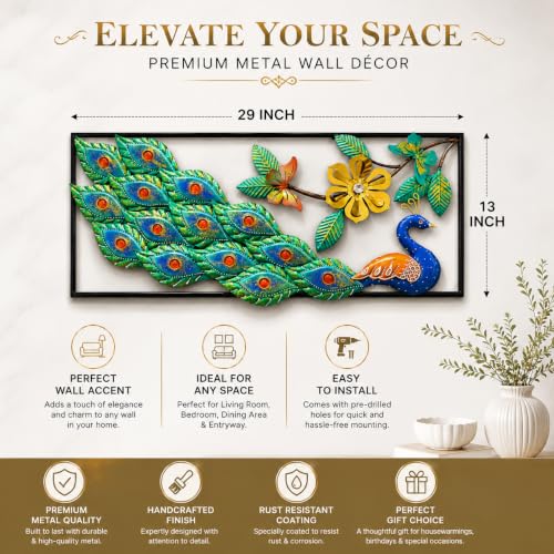 Image of SHREE 'O' GREEN TECH - Handcrafted Metal Peacock Wall Decor Modern Iron Wall Art Hanging for Living Room Bedroom Hallway Office Hotel Home Decoration