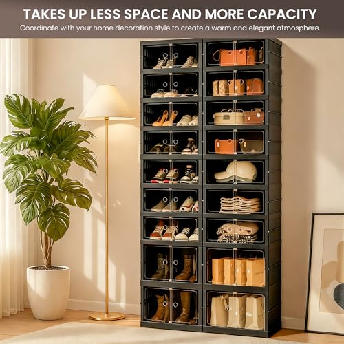 Image of Foldable Shoe Organizer Storage Box Set of 2, Portable Extra Large Folding Shoe Rack for Closet, Shoe Storage Box with Magnetic Transparent Door and Wheels, 9 Layers 18 Grids with 4 Big Grids