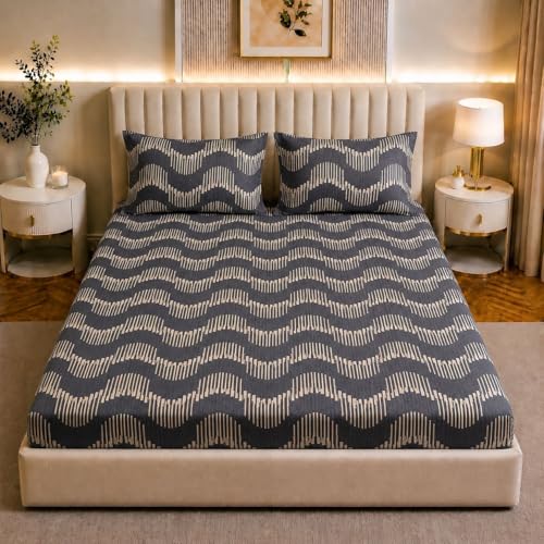 Image of Castiqa Cotton Feels All Over Elastic 400Tc Abstract Fitted Bedsheet Set Perfect Upto 10inch Mattress with 2 Matching Pillow Covers Size-18x28inch (Queen Size 60x78, Grey Zigzag)