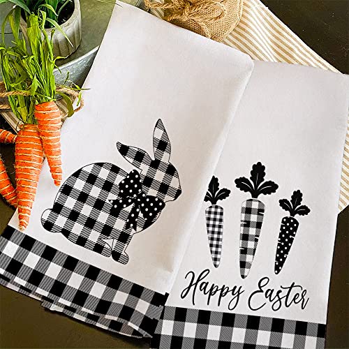 Easter Kitchen Towels For Easter Decor Black Buffalo Plaid Check Bunny Dish Towels 18X26 Inch Ultra Absorbent Bar Drying Cloth Carrot Hand Towel For Kitchen Bathroom Party Easter Decorations Set Of 2 #TOP6