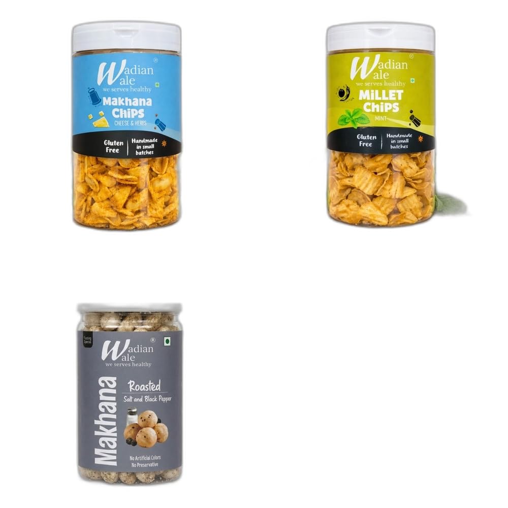 Wadianwale Healthy Diet Makhana Cheese & Herbs Gluten Free Chips & Multimillet Mint Gluten Free Chips & Roasted Salt & Black Pepper Makhana (Pack of 3)-image-45