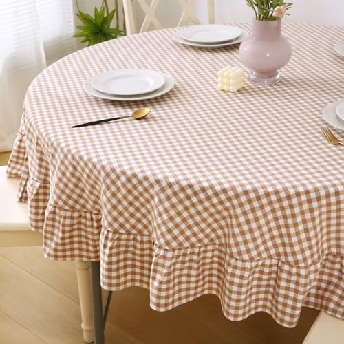 K MASANIJI Taupe Plaid Ruffled Table Cloth Round Cover for Seat 4-6, 100% Washed Cotton Farmhouse Checker Gingham Vintage Decorative Tablecloth - Dia.70 inches