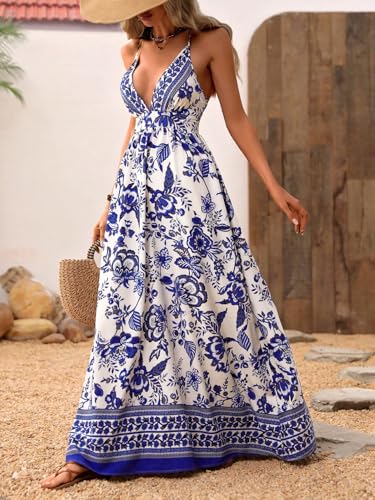 MakeMeChic Women's Summer Blue and White Floral Dress Boho Backless Maxi Sundress Spaghetti Strap Flowy Dress3
