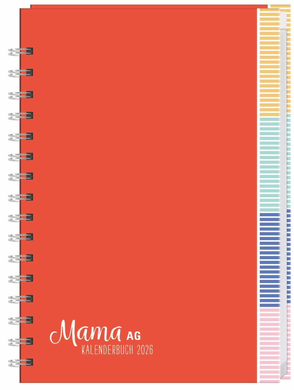 Mama AG Familienplaner Buch A5 2026: Roter Terminkalender mit 5 Spalten, Registerblätter und Schulferien. Buchkalender für die Familie. Familienkalender 2026. (Bürokalender Heye)