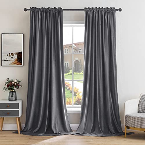 MIULEE Grey Velvet Curtains Thermal Insulated Blackout Curtain Drapes for Bedroom Living Room Darkening 96 Inches Long Curtains Panels Rod Pocket Set of 2
